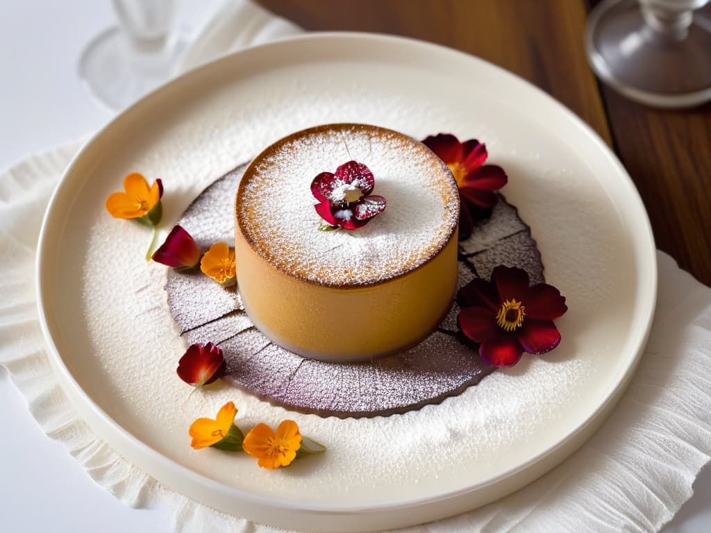  A highresolution, minimalist image of a delicately plated dessert featuring cañihua as a key ingredient, beautifully garnished with edible flowers and a dusting of powdered sugar. The dessert is set on a sleek, modern plate against a soft, blurred background that enhances the elegance of the presentation. The focus is on the intricate details of the dessert, showcasing the texture and colors of the dish in a simple yet sophisticated manner. hyperrealistic, full body, detailed clothing, highly detailed, cinematic lighting, stunningly beautiful, intricate, sharp focus, f/1. 8, 85mm, (centered image composition), (professionally color graded), ((bright soft diffused light)), volumetric fog, trending on instagram, trending on tumblr, HDR 4K, 8K