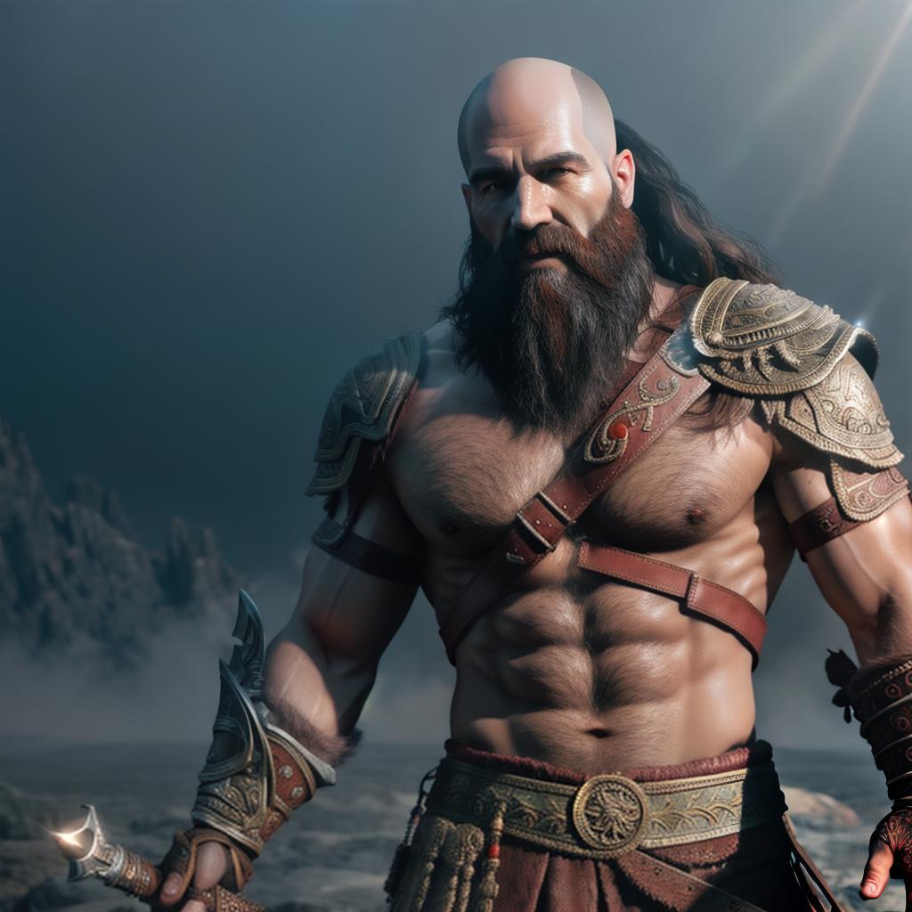  God of war hyperrealistic, full body, detailed clothing, highly detailed, cinematic lighting, stunningly beautiful, intricate, sharp focus, f/1. 8, 85mm, (centered image composition), (professionally color graded), ((bright soft diffused light)), volumetric fog, trending on instagram, trending on tumblr, HDR 4K, 8K