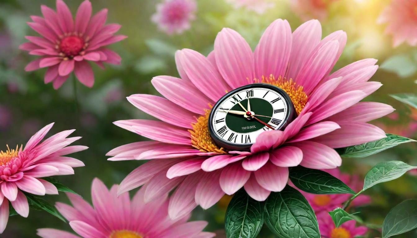  digital illustration, A clock with its hands spinning rapidly in a blur, positioned above a blooming flower, embodying the concept of divine timing over delay, cycle of growth, time's fluidity, looking at viewer, dynamic pose, (intricate details, masterpiece, best quality)