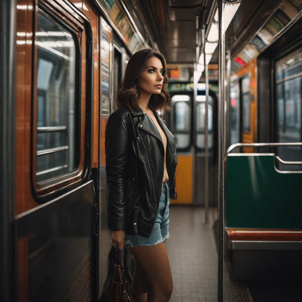  a beautiful brunette in a short stands near the doors of a subway car, cute, hyper detail, full HD hyperrealistic, full body, detailed clothing, highly detailed, cinematic lighting, stunningly beautiful, intricate, sharp focus, f/1. 8, 85mm, (centered image composition), (professionally color graded), ((bright soft diffused light)), volumetric fog, trending on instagram, trending on tumblr, HDR 4K, 8K