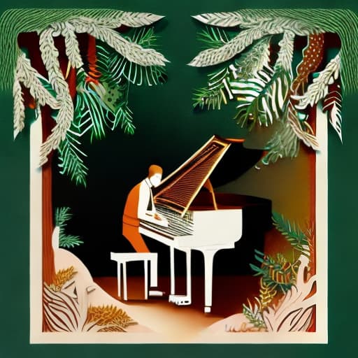mdjrny-pprct a brown man playing a piano in the middle of the rainforest, wearing emerald green clothes