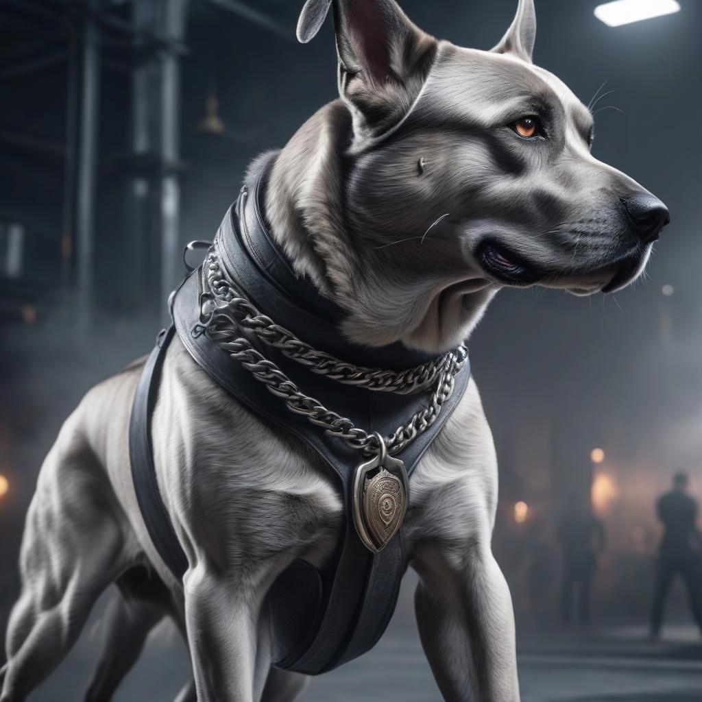  Huge fighting dog. Fantastic, silver colored dog. A very big dog. hyperrealistic, full body, detailed clothing, highly detailed, cinematic lighting, stunningly beautiful, intricate, sharp focus, f/1. 8, 85mm, (centered image composition), (professionally color graded), ((bright soft diffused light)), volumetric fog, trending on instagram, trending on tumblr, HDR 4K, 8K