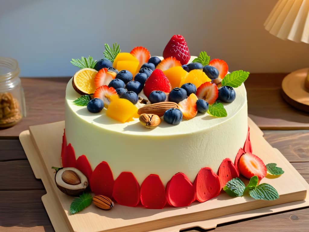  A photorealistic image of a beautifully decorated cake made entirely from leftover ingredients, showcasing layers of colorful sponge, decadent frosting, and intricate edible decorations. The cake is displayed on a rustic wooden table, surrounded by fresh fruits, nuts, and herbs, emphasizing the concept of circular economy in baking. The lighting is soft, casting a warm glow on the cake and creating a visually stunning and inspiring scene for the audience. hyperrealistic, full body, detailed clothing, highly detailed, cinematic lighting, stunningly beautiful, intricate, sharp focus, f/1. 8, 85mm, (centered image composition), (professionally color graded), ((bright soft diffused light)), volumetric fog, trending on instagram, trending on tumblr, HDR 4K, 8K