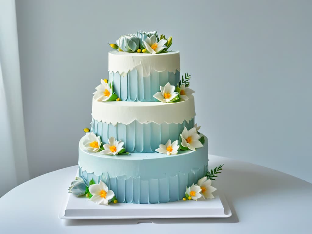  An ultradetailed image of a beautifully decorated threetier vegan wedding cake, featuring intricate floral designs in pastel colors, sitting on a sleek white cake stand against a softfocused background of a modern, minimalistic kitchen setting. hyperrealistic, full body, detailed clothing, highly detailed, cinematic lighting, stunningly beautiful, intricate, sharp focus, f/1. 8, 85mm, (centered image composition), (professionally color graded), ((bright soft diffused light)), volumetric fog, trending on instagram, trending on tumblr, HDR 4K, 8K