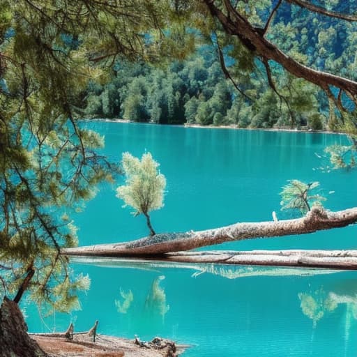  Lago grande,con agua de color azul turquesa. se encuentra rodeado por árboles frondosos y altos dentro de un bosque que parece encantado.