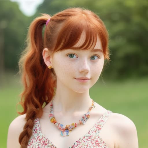  (masterpiece, best quality), 1girl, collarbone, wavy hair, looking at viewer, blurry, upper body, necklace, suspenders, floral print, ponytail, freckles, red hair, sunlight, small, hard,