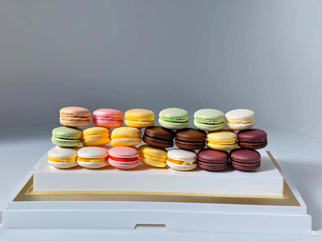  An ultradetailed 8k image of a pristine white kitchen counter with a perfectly symmetrical display of colorful macarons in various flavors and shades, arranged in a geometric pattern. Each macaron is flawlessly smooth, with delicate feet and a glossy finish, showcasing the artistry and precision of pastry craftsmanship. The natural light coming from a nearby window casts a soft, diffused glow on the macarons, highlighting their vibrant colors and elegant presentation. hyperrealistic, full body, detailed clothing, highly detailed, cinematic lighting, stunningly beautiful, intricate, sharp focus, f/1. 8, 85mm, (centered image composition), (professionally color graded), ((bright soft diffused light)), volumetric fog, trending on instagram, trending on tumblr, HDR 4K, 8K