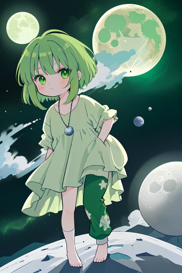  On the moon, a green haired character in the makumohana