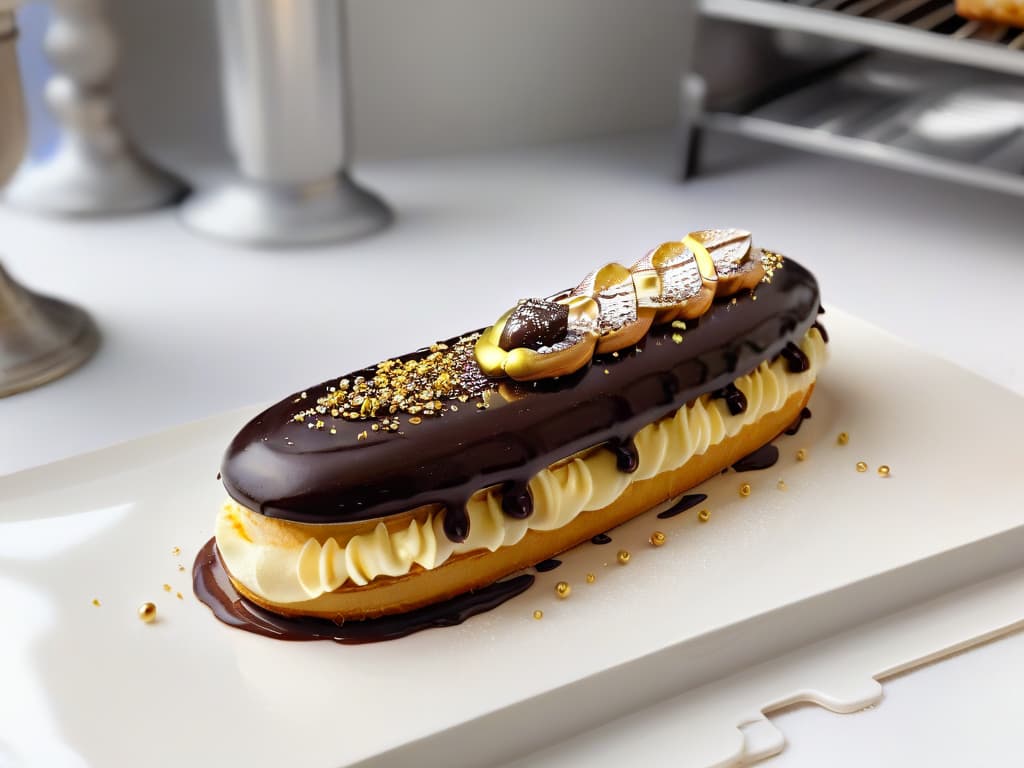  A closeup, ultradetailed image of a delicate éclair filled with rich cream, topped with a glossy chocolate glaze, and decorated with intricate gold leaf details, set on a pristine white plate against a soft focus background of a French patisserie kitchen. hyperrealistic, full body, detailed clothing, highly detailed, cinematic lighting, stunningly beautiful, intricate, sharp focus, f/1. 8, 85mm, (centered image composition), (professionally color graded), ((bright soft diffused light)), volumetric fog, trending on instagram, trending on tumblr, HDR 4K, 8K