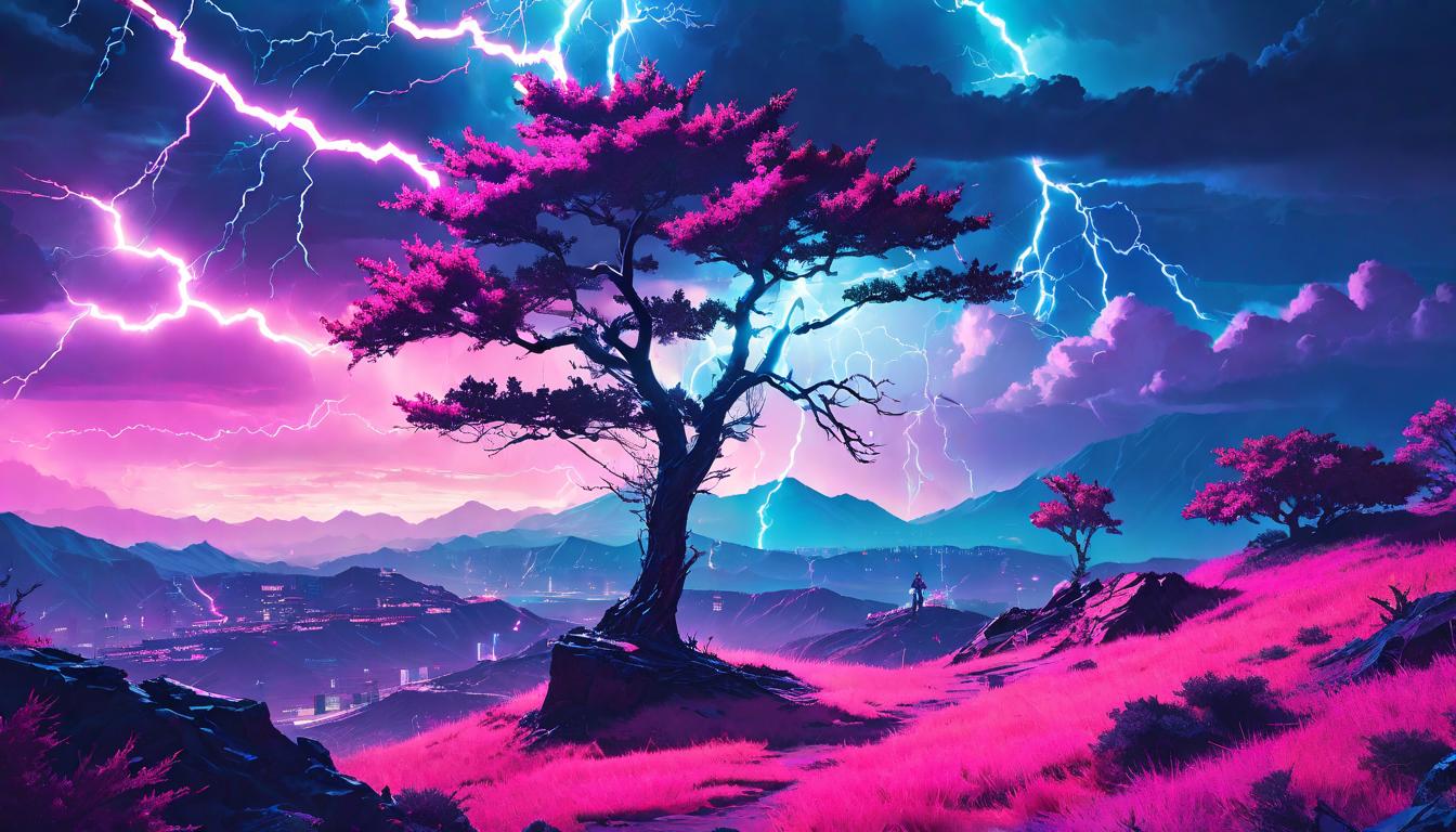  vaporwave,cyberpunk game style A desolate landscape under a stormy sky, lightning illuminating a lone tree on a hill, branches outstretched but barren. Isolation, resilience amidst adversity, stark beauty.eon, dystopian, futuristic, digital, vibrant, detailed, high contrast, reminiscent of cyberpunk genre video games,retro aesthetic, cyberpunk, vibrant, neon colors, vintage 80s and 90s style, highly detailed