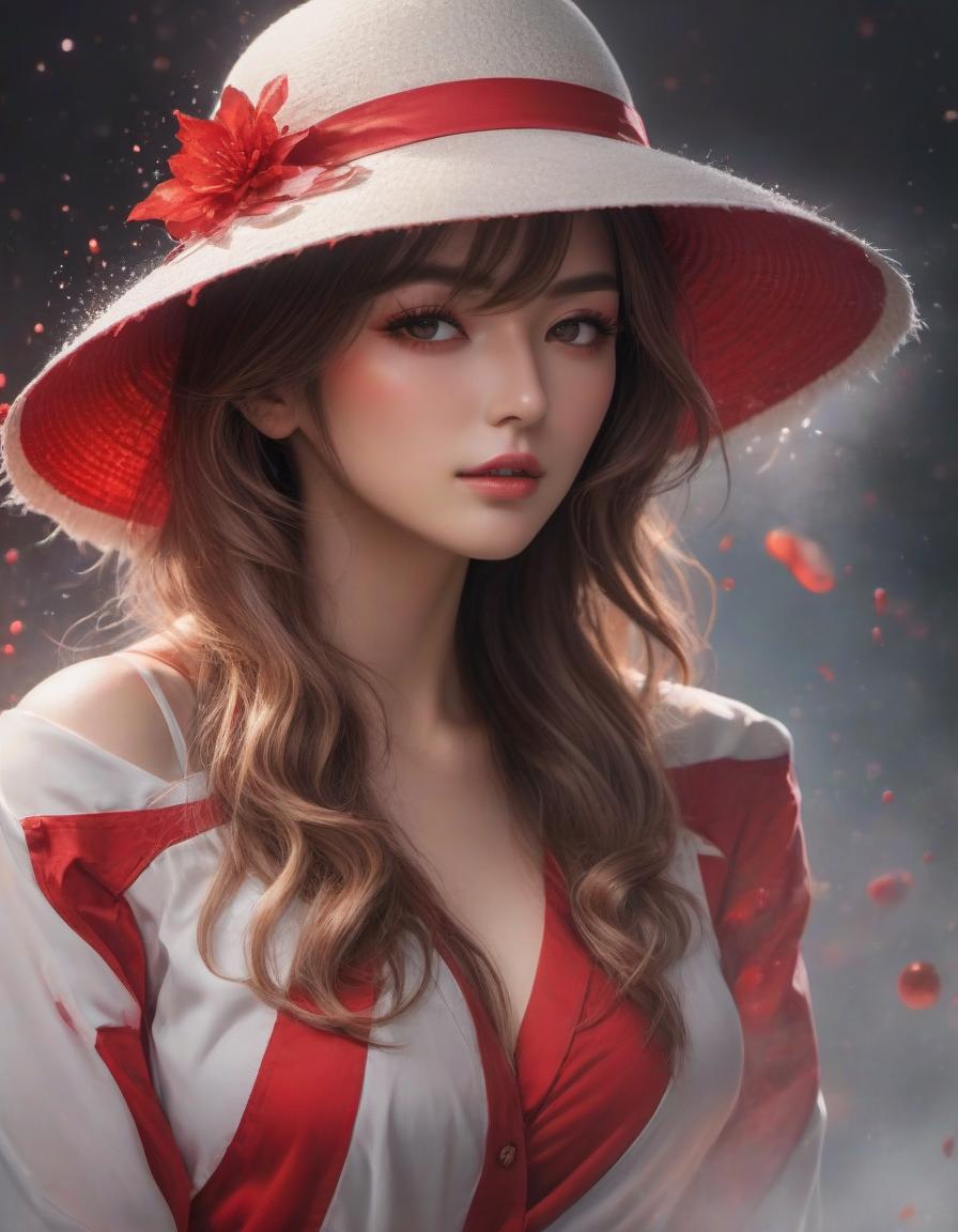  anime artwork A portrait of a woman with wavy hair wearing a hat, with a red splash in the background giving a dramatic effect. . anime style, key visual, vibrant, studio anime, highly detailed hyperrealistic, full body, detailed clothing, highly detailed, cinematic lighting, stunningly beautiful, intricate, sharp focus, f/1. 8, 85mm, (centered image composition), (professionally color graded), ((bright soft diffused light)), volumetric fog, trending on instagram, trending on tumblr, HDR 4K, 8K