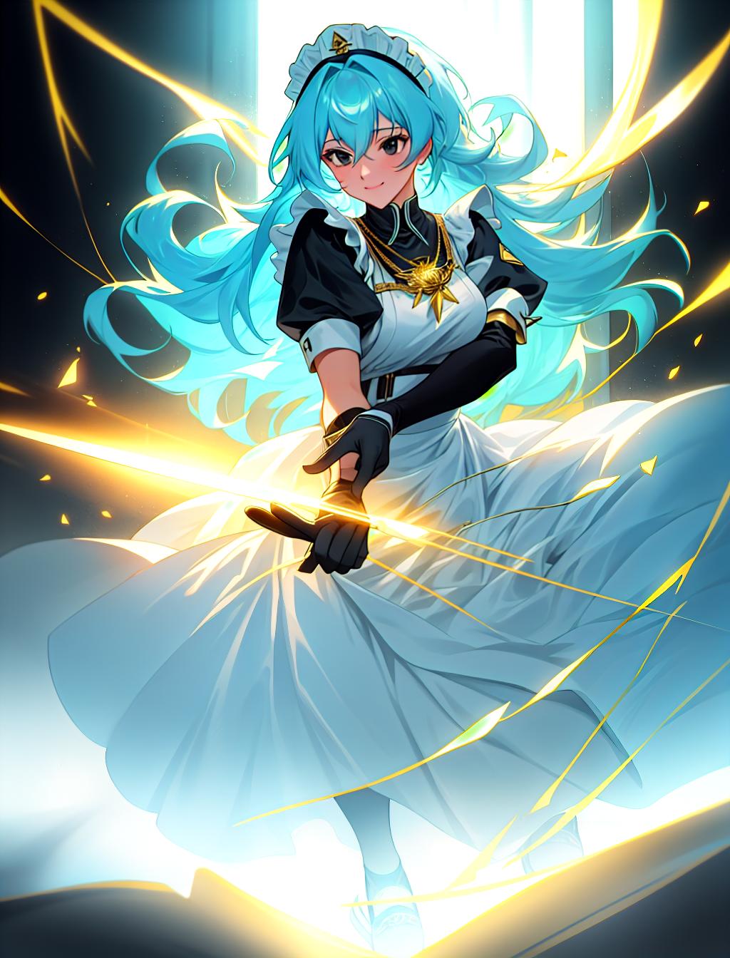  Woman maid, light blue hair, long messy hair, happy expression, necklace with gold ring tied up, using black and white maid uniform, black eyes, white glove, black stocking, hyperrealistic, full body, detailed clothing, highly detailed, cinematic lighting, stunningly beautiful, intricate, sharp focus, f/1. 8, 85mm, (centered image composition), (professionally color graded), ((bright soft diffused light)), volumetric fog, trending on instagram, trending on tumblr, HDR 4K, 8K hyperrealistic, full body, detailed clothing, highly detailed, cinematic lighting, stunningly beautiful, intricate, sharp focus, f/1. 8, 85mm, (centered image composition), (professionally color graded), ((bright soft diffused light)), volumetric fog, trending on instagram, trending on tumblr, HDR 4K, 8K