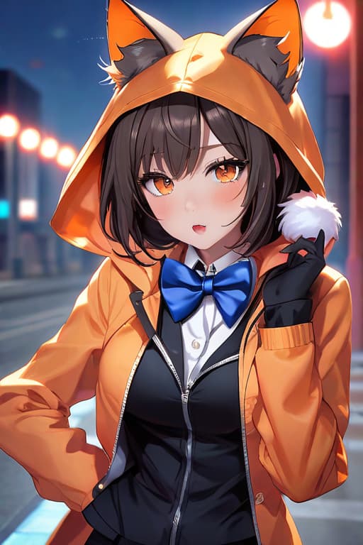  masterpiece, best quality, 1, solo, animal ears, bow, teeth, jacket, tail, open mouth, brown hair, orange background, bowtie, orange nails, simple background, cat ears, orange eyes, blue bow, animal ear fluff, cat tail, looking at viewer, upper body, shirt, uniform, hood, striped bow, striped, white shirt, black jacket, blue bowtie, fingernails, long sleeves, cat , bangs, fangs, collared shirt, striped bowtie, short hair, tongue, hoodie, sharp teeth, facial mark, claw pose hyperrealistic, full body, detailed clothing, highly detailed, cinematic lighting, stunningly beautiful, intricate, sharp focus, f/1. 8, 85mm, (centered image composition), (professionally color graded), ((bright soft diffused light)), volumetric fog, trending on instagram, trending on tumblr, HDR 4K, 8K