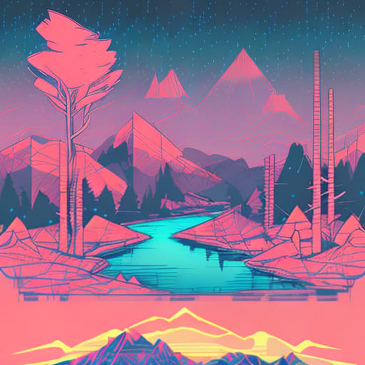 nvinkpunk Whimsical mountains with trees and water