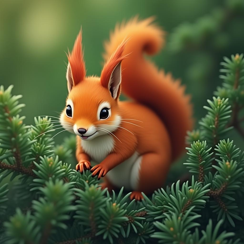  good quality, high quality, vibrant red squirrel amongst the lush greenery of a fir tree