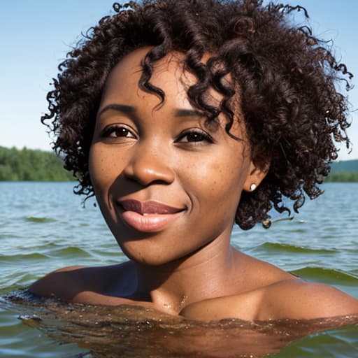  african woman's face with short curly hair sinking in the lake