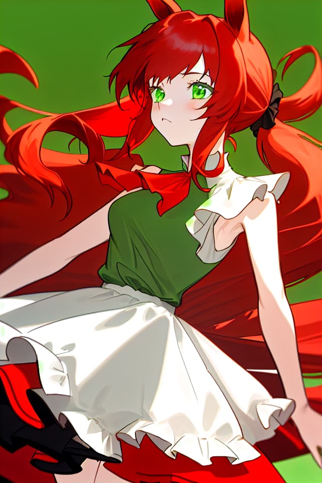  Girls, red hair, green eyes, horse ears, red sleeveless dresses, white ruffles on the shoulders, Long hair, Low ponytail