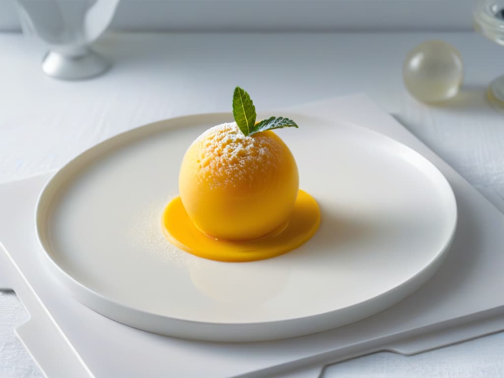  A minimalist image of a perfectly spherical, glossy mango sphere dessert delicately placed on a pristine white plate, showcasing the precision and elegance of molecular gastronomy techniques. The vibrant yellow color of the mango sphere pops against the clean background, highlighting the meticulous craft and artistry involved in creating modernist desserts like esferificaciones. hyperrealistic, full body, detailed clothing, highly detailed, cinematic lighting, stunningly beautiful, intricate, sharp focus, f/1. 8, 85mm, (centered image composition), (professionally color graded), ((bright soft diffused light)), volumetric fog, trending on instagram, trending on tumblr, HDR 4K, 8K