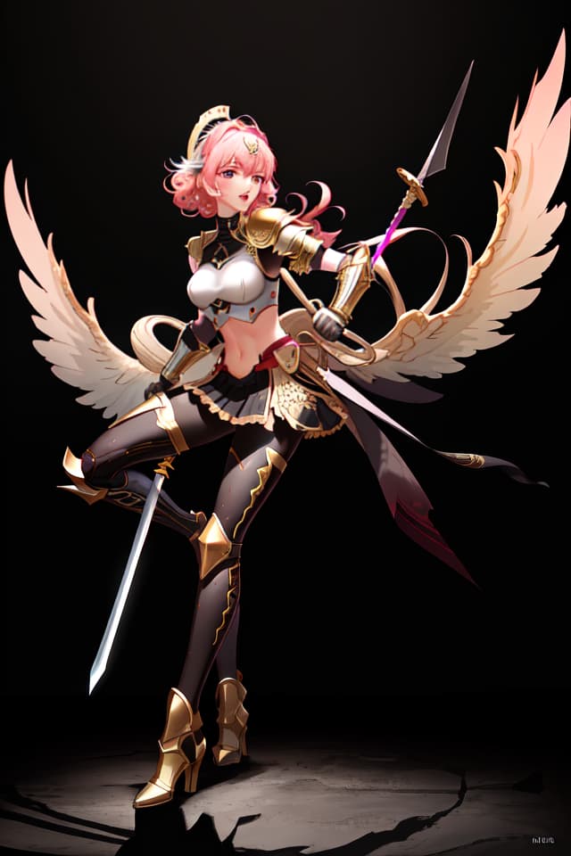  absurdres,highres,superlative,texture,contrast,top quality,masterpiece,(madeon) BREAK (solo,girl,warrior),kawaii,serious,open mouth,athlete,abs,blond,curly hair,(pink armor, armor, shoulder armor,gloves,winged helmet,tights,boots,),(the long sword,holding the long sword,grappling the sword in hand),(fighting stance,dynamic angle),(perfect hands,perfect clothes),((covering privates)), hyperrealistic, full body, detailed clothing, highly detailed, cinematic lighting, stunningly beautiful, intricate, sharp focus, f/1. 8, 85mm, (centered image composition), (professionally color graded), ((bright soft diffused light)), volumetric fog, trending on instagram, trending on tumblr, HDR 4K, 8K