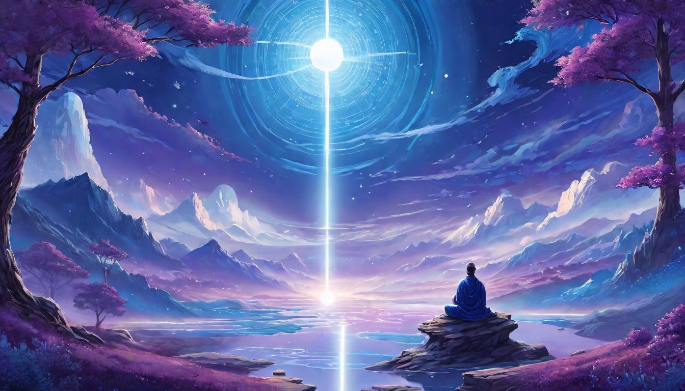  digital illustration, Glimmering energy fields, encircling a meditator, serene landscape, faint outlines of ascending spirits, radiant hues of blue and violet, harmonious, enlightened, looking at viewer, dynamic pose, (intricate details, masterpiece, best quality)