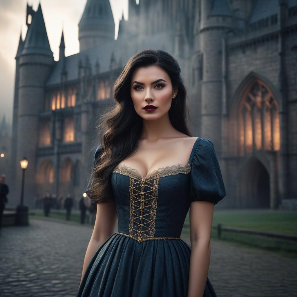  Portrait of a girl with dark hair in a vintage dress against the backdrop of Hogwarts. hyperrealistic, full body, detailed clothing, highly detailed, cinematic lighting, stunningly beautiful, intricate, sharp focus, f/1. 8, 85mm, (centered image composition), (professionally color graded), ((bright soft diffused light)), volumetric fog, trending on instagram, trending on tumblr, HDR 4K, 8K