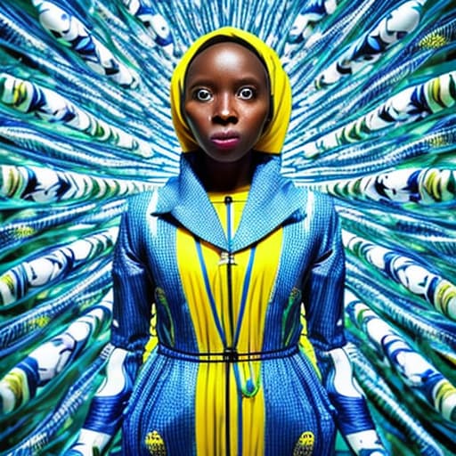  an African women in a yellow raincoat surrounded by blue and white striped robotic fishes, stable diffusion, absolute reality v1.6, perfect symmetry, photo realistic raw, in the style of hr giger and wes anderson colour palette