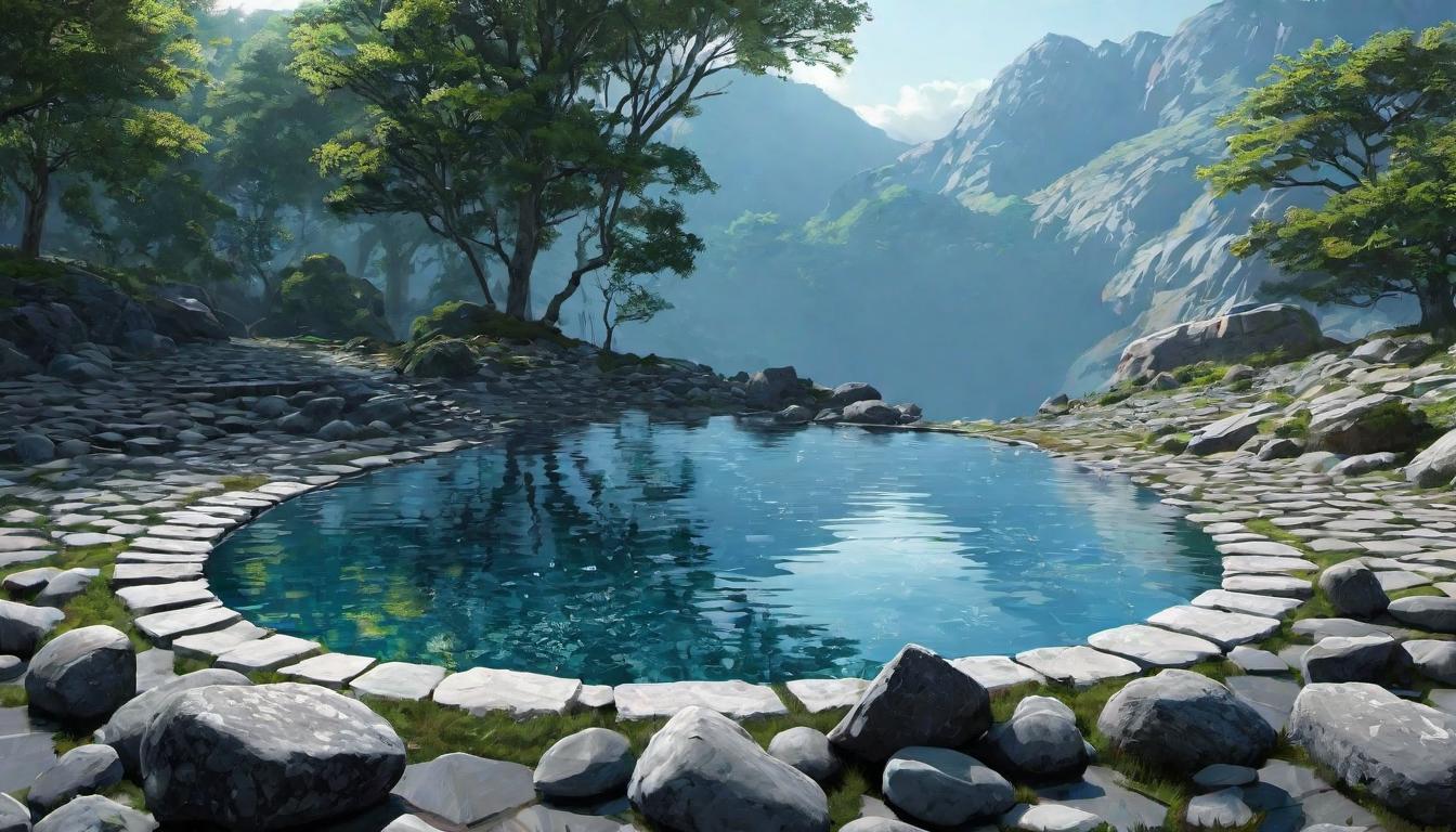  digital illustration, A reflective pool surrounded by stones, each stone etched with a date or symbol, contemplation, pattern recognition, hidden meanings, looking at viewer, dynamic pose, (intricate details, masterpiece, best quality)