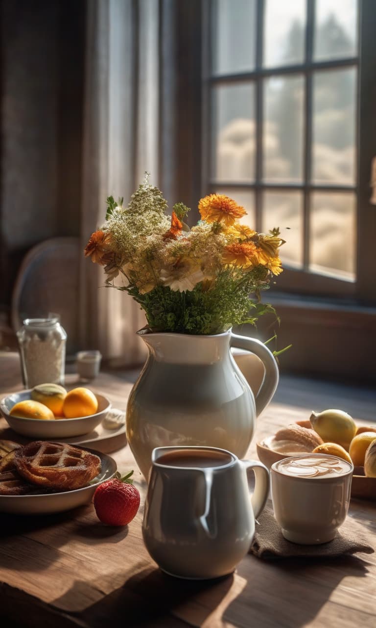  Milk in a jug, beautiful, realistic photo, beautiful breakfast hyperrealistic, full body, detailed clothing, highly detailed, cinematic lighting, stunningly beautiful, intricate, sharp focus, f/1. 8, 85mm, (centered image composition), (professionally color graded), ((bright soft diffused light)), volumetric fog, trending on instagram, trending on tumblr, HDR 4K, 8K