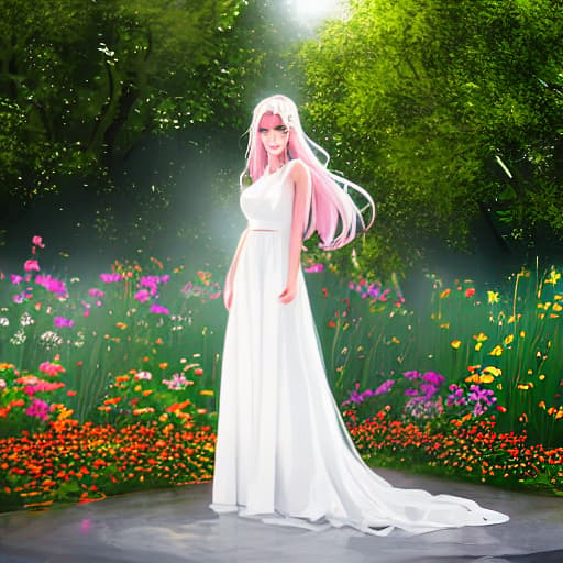  A pretty , she is smiling. She is slim, pretty, cute and attractive. She has pink long hair.Her skin is white. Her eyes is cycle. Her lip is red and .She stands in the garden. hyperrealistic, full body, detailed clothing, highly detailed, cinematic lighting, stunningly beautiful, intricate, sharp focus, f/1. 8, 85mm, (centered image composition), (professionally color graded), ((bright soft diffused light)), volumetric fog, trending on instagram, trending on tumblr, HDR 4K, 8K