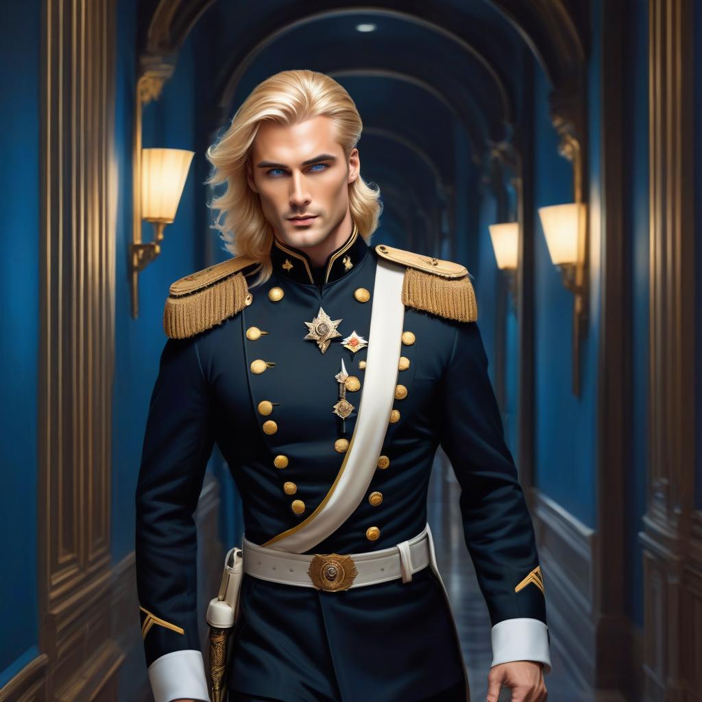  Realistically, a handsome Man blond, The Man's ears are fox like, long hair, the Man has yellow eyes, and the Man wears pants in a black military uniform walking down the corridor illuminated by blue sconces, crossed hands, clear focus, bright and clear eyes, well drawn details, bright and lively eyes, beautiful portrait illustration, portrait in the style of fantasy, blue and white flashes, bright colors, bright eyes, fantastic art, elaborate design, highly detailed, clear focus, 8k, high resolution, elegant. hyperrealistic, full body, detailed clothing, highly detailed, cinematic lighting, stunningly beautiful, intricate, sharp focus, f/1. 8, 85mm, (centered image composition), (professionally color graded), ((bright soft diffused light)), volumetric fog, trending on instagram, trending on tumblr, HDR 4K, 8K