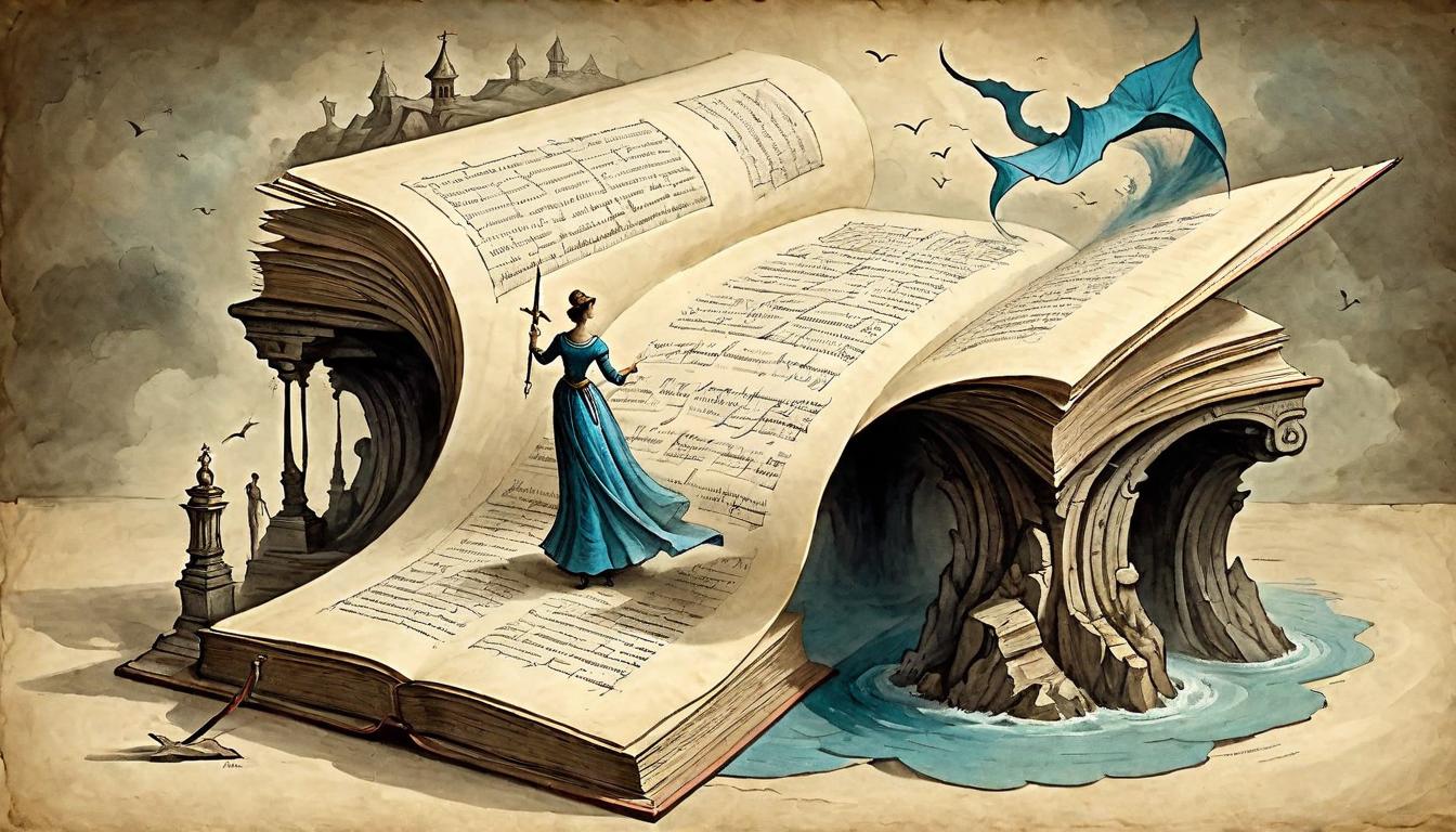  on parchment, surrealism+++, An open book on a pedestal, pages turning as if by an unseen wind, words forming a bridge spanning chasms, narrative of overcoming, script of resilience, bridge of words, crossing from turmoil to triumph.(mysterious, provocative, symbolic,muted color)+++