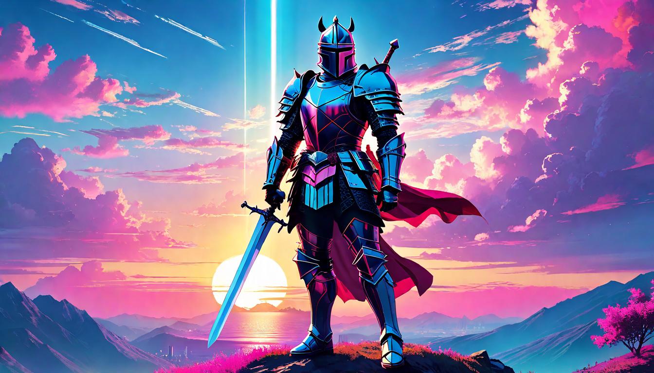  vaporwave,cyberpunk game style Knight in shining armor, standing atop a hill facing the rising sun, dawn’s first light casting long shadows, unyielding in stance, emblem of truth and justice, strength emanating, solitude of the chosen, a protector’s vigil, calm before the storm, dawn's early graceeon, dystopian, futuristic, digital, vibrant, detailed, high contrast, reminiscent of cyberpunk genre video games,retro aesthetic, cyberpunk, vibrant, neon colors, vintage 80s and 90s style, highly detailed