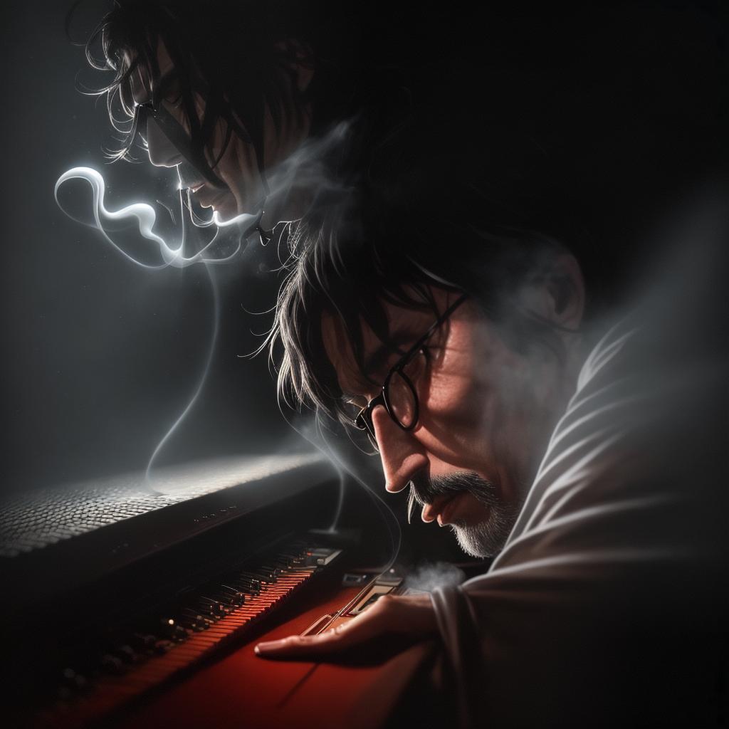  Charly Garcia, a legendary Argentine musician, sitting on a stool in a dimly lit recording studio, ((smoke)) swirling around him, creating an aura of mystery and creativity. The ((masterpiece)) captures every wrinkle on his face and the details of his guitar, in (((best quality))), 8k resolution, allowing viewers to appreciate the ((ultra-detailed)) craftsmanship. The scene exudes an atmosphere of artistic brilliance and passion. hyperrealistic, full body, detailed clothing, highly detailed, cinematic lighting, stunningly beautiful, intricate, sharp focus, f/1. 8, 85mm, (centered image composition), (professionally color graded), ((bright soft diffused light)), volumetric fog, trending on instagram, trending on tumblr, HDR 4K, 8K