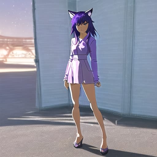  Makoto Shinkai style. semi - realistic anime style. Asian. looking at viewer. solo. fashion. soft shadows. modern. cute girl. character design. purple hair. full body. animal ears. uhd. high details.