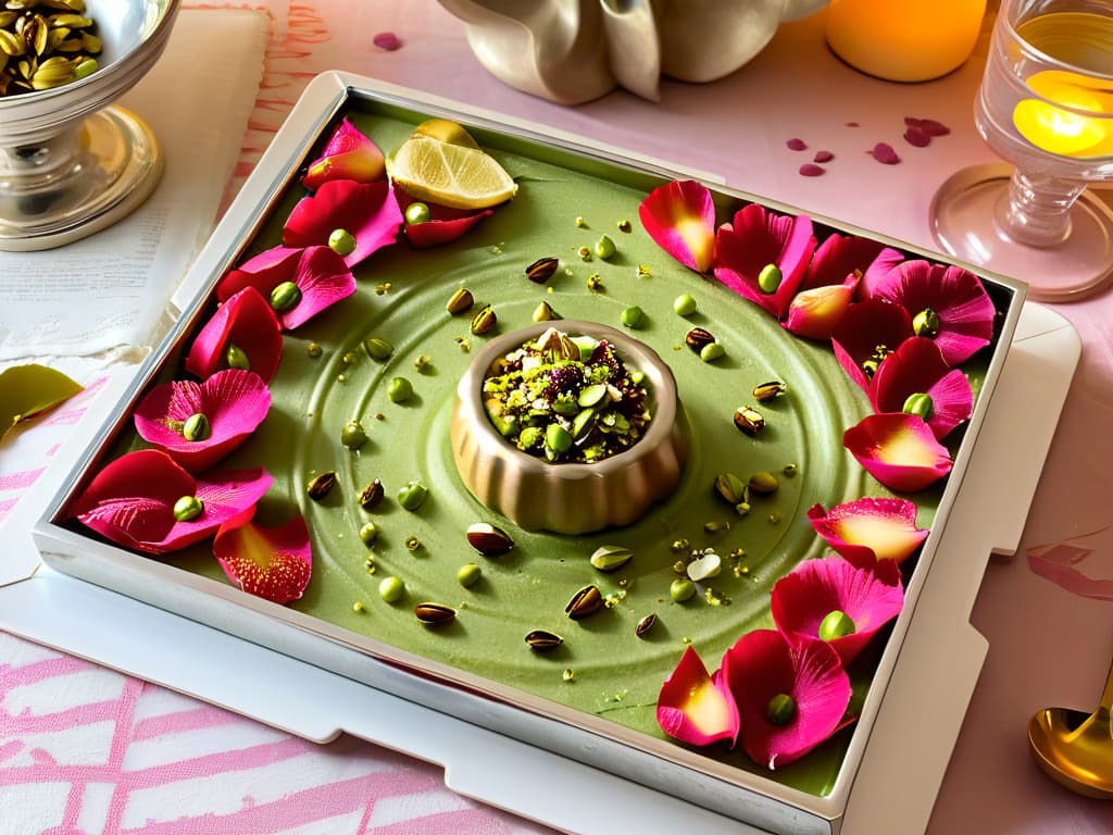  An intricately designed silver tray adorned with delicate Middle Eastern motifs, showcasing a rich and creamy bowl of Roz Bel Laban in the center. The dessert is sprinkled with crushed pistachios and rose petals, with a golden spoon resting elegantly on the side. The background features a softfocus view of a bustling Middle Eastern market, adding an authentic and inviting touch to the image. The warm natural light highlights the textures and colors, making the dish look irresistibly delicious and culturally immersive. hyperrealistic, full body, detailed clothing, highly detailed, cinematic lighting, stunningly beautiful, intricate, sharp focus, f/1. 8, 85mm, (centered image composition), (professionally color graded), ((bright soft diffused light)), volumetric fog, trending on instagram, trending on tumblr, HDR 4K, 8K