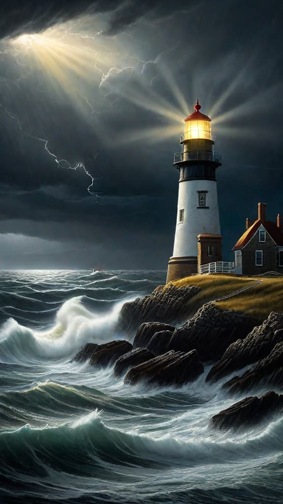  (A stormy, coastal scene at night, with the old lighthouse on Merrill Point casting a golden beam of light across the turbulent sea. In the foreground, Mr. Hawthorn is seen venturing out into the storm, following a peculiar pattern in the light's reflection that leads him to a washed up chest embossed with ancient ruins.) hyperrealistic, full body, detailed clothing, highly detailed, cinematic lighting, stunningly beautiful, intricate, sharp focus, f/1. 8, 85mm, (centered image composition), (professionally color graded), ((bright soft diffused light)), volumetric fog, trending on instagram, trending on tumblr, HDR 4K, 8K