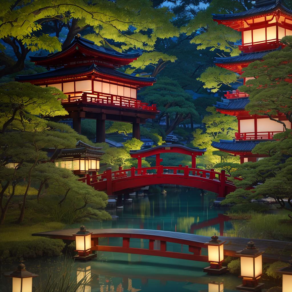  masterpiece, best quality,(fidelity: 1.4), best quality, masterpiece, ultra high resolution, 8k resolution, night view inspired by Japanese art, featuring a garden illuminated by paper lanterns and a wooden bridge spanning a tranquil lake with a small Zen temple beside the lake.