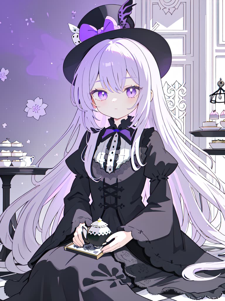  A gothic anime girl with long white hair and purple eyes,wearing an elaborate top hat adorned with black lace,sits on the floor surrounded by towering teapots,saucers,cakes,and a high tea setup in shades of lavender,gray,and deep indigo. The background is scattered with black and white checkered patterns reminiscent of chessboard like tables. Surrounded by wisteria flowers,with whimsical manga illustrations in dark violet and light emerald featuring highly detailed figures against minimalist backgrounds., masterpiece, best quality,8k,ultra detailed,high resolution,an extremely delicate and beautiful,hyper detail