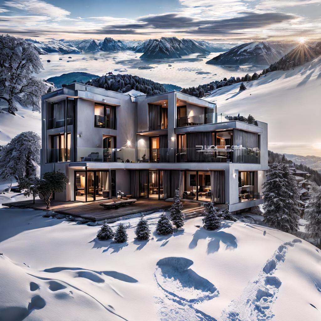  A villa on beautiful landscape in switzerland, raw photo, cinematic lighting, best quality, masterpiece