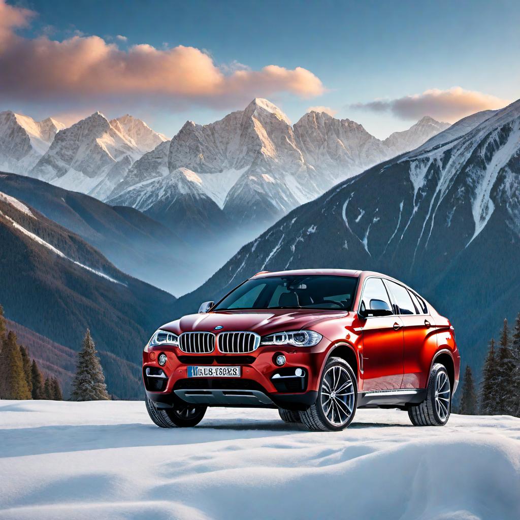  An illustration of a BMW X6 luxury SUV parked in a scenic mountainous setting with snow-capped peaks in the background. The car is shiny and sleek, showcasing its impressive design and features. hyperrealistic, full body, detailed clothing, highly detailed, cinematic lighting, stunningly beautiful, intricate, sharp focus, f/1. 8, 85mm, (centered image composition), (professionally color graded), ((bright soft diffused light)), volumetric fog, trending on instagram, trending on tumblr, HDR 4K, 8K