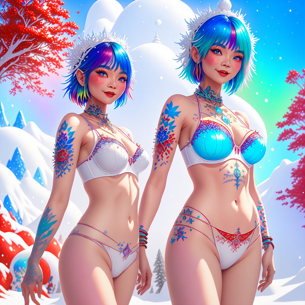 in OliDisco style (full-body photo), a Thai woman standing in a snow covearea with crystal, smile, blue asymmetrical bob with pink hair highlighting, breasts, lipstick, (white+red bra and G-String:1.3), sky, optic glasses, tree, (colorful tattoos:1.35), starry sky, Christmas, crystal park, sexy pose, ((finely detailed face)), professional photoshoot, muse, perfect anatomy, perfectly shapely body, detailed background, perfect body parts, perfect proportions, hyper-realism, professional compositions, perfect lighting, masterpiece, award winning, 8k, best quality, hyperrealistic