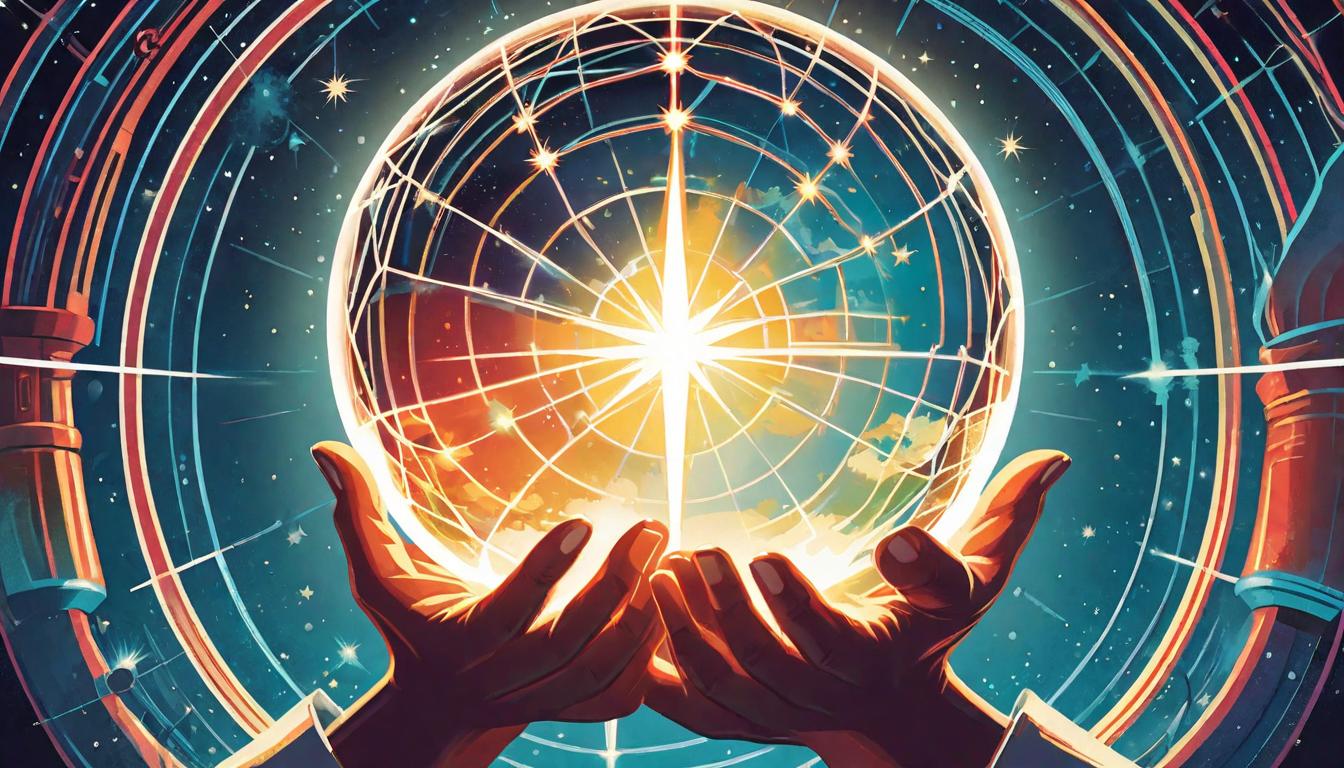  retro futuristic Hands holding a strand of light, weaving it into a growing web that envelops the planet, focusing on the unity and healing aspect. Community healing, active participation, creative energy work. lvintage sci fi, 50s and 60s style, atomic age, vibrant, highly detailed