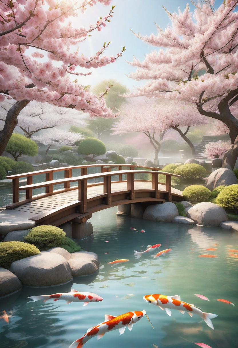  A serene Japanese garden with cherry blossom trees, a wooden bridge, and a pond filled with colorful koi fish. The scene is bathed in soft diffused light, creating a tranquil and dreamy atmosphere. The delicate pink petals of the cherry blossoms float gently in the air, while the koi fish gracefully swim through the water, their scales glimmering in the sunlight. The overall style of the image is reminiscent of traditional Japanese ink paintings, with smooth brushstrokes, muted colors, and a sense of harmony and balance. hyperrealistic, full body, detailed clothing, highly detailed, cinematic lighting, stunningly beautiful, intricate, sharp focus, f/1. 8, 85mm, (centered image composition), (professionally color graded), ((bright soft diffused light)), volumetric fog, trending on instagram, trending on tumblr, HDR 4K, 8K