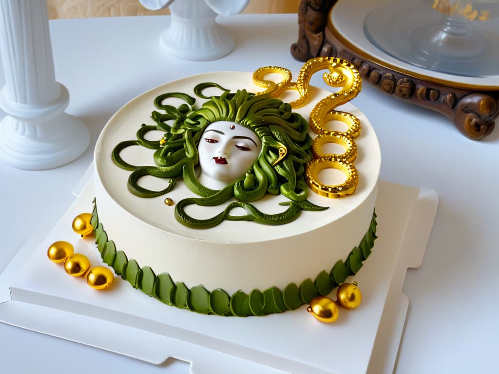  An intricately designed minimalist dessert plate featuring a sculpted sugar Medusa head with snakes for hair, surrounded by edible gold leaf accents and delicate sugar sculptures of ancient Greek temples in the background. hyperrealistic, full body, detailed clothing, highly detailed, cinematic lighting, stunningly beautiful, intricate, sharp focus, f/1. 8, 85mm, (centered image composition), (professionally color graded), ((bright soft diffused light)), volumetric fog, trending on instagram, trending on tumblr, HDR 4K, 8K