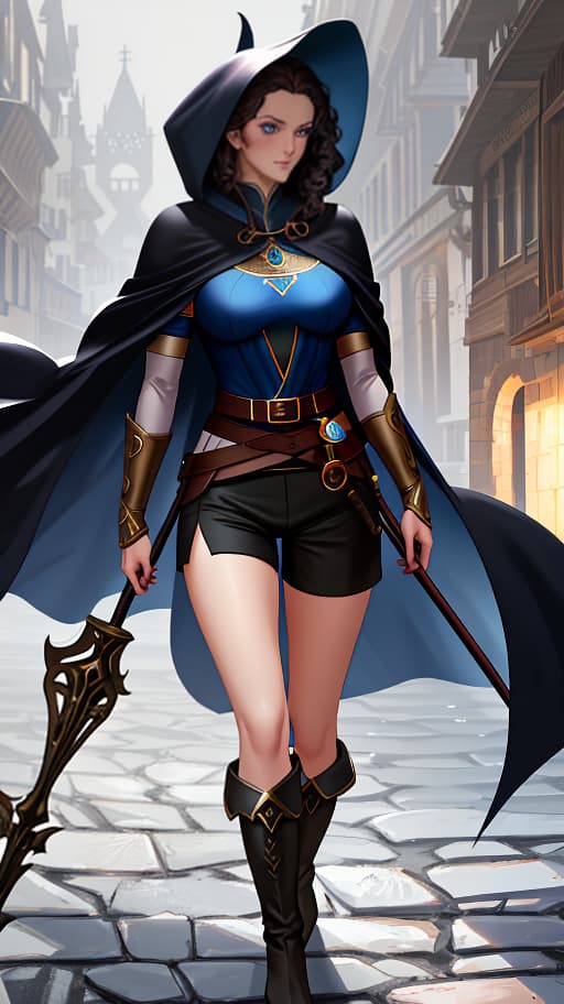  A young , dark hair, curly, blue eyes, in black shorts, blue top, in a black cape with blue edges, with a hood, in boots, with belts on her hips, holding a blue umbrella in her hand, on the street of a medieval city., magic, dragons, elves, castles, by Donato Giancola, Ruan Jia, Kekai Kotaki, Magali Villeneuve, Even Mehl Amundsen hyperrealistic, full body, detailed clothing, highly detailed, cinematic lighting, stunningly beautiful, intricate, sharp focus, f/1. 8, 85mm, (centered image composition), (professionally color graded), ((bright soft diffused light)), volumetric fog, trending on instagram, trending on tumblr, HDR 4K, 8K