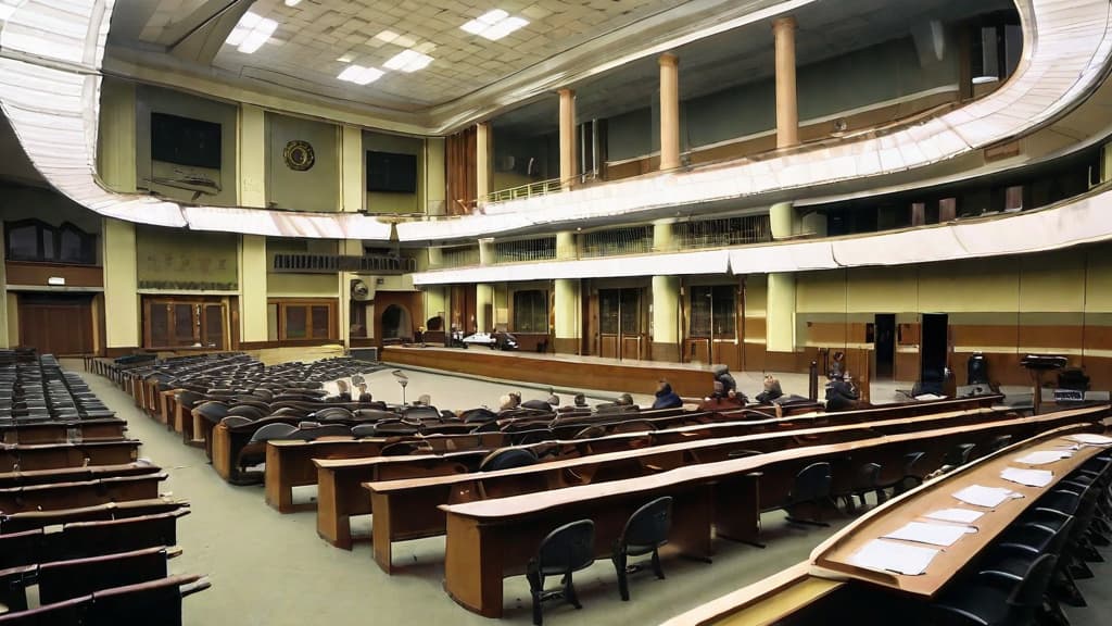  The Chernobyl trial took place roughly a year after the disaster, in the town of Chernobyl, approximately 9 kilometers from the power plant. It lasted only two weeks. For the proceedings, a community center was transformed into a courtroom. A curtain was placed to cover the depth of the stage, leaving only a narrow space on the proscenium to accommodate the three judges' seats and a small table for the stenographer (court reporter) next to them. The first rows in the audience section were removed to make space for the accused seating, defense and prosecution tables, witness stand, and security. The remaining seats were left for a small group of spectators and a limited number of journalists.