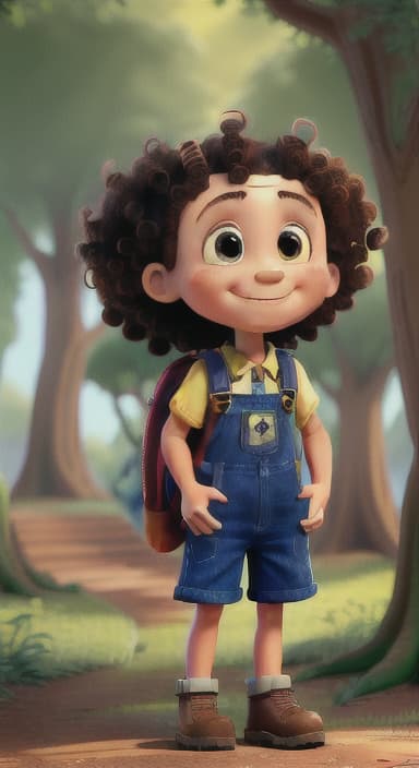  {The tree with a smiling face formed by its bark, looking down at Riley., Riley, a curious with big brown eyes and curly hair, wearing overalls and carrying a small backpack. Their friend, Skye, a bluebird with shiny feathers.