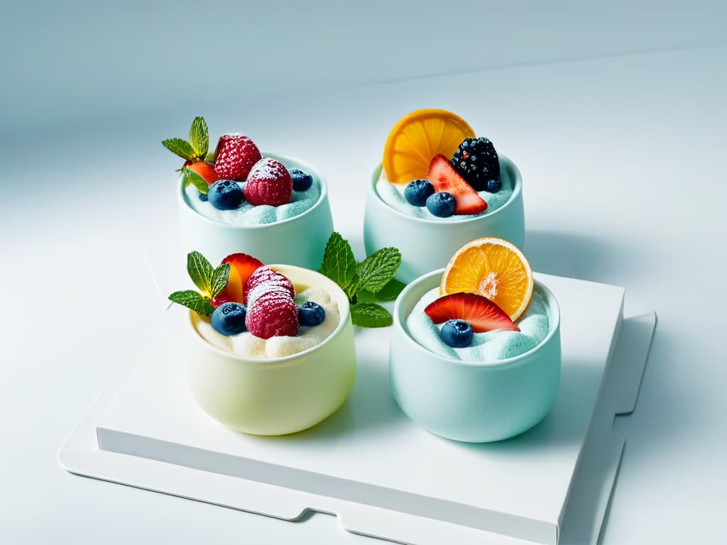  A minimalist, highresolution image of a colorful array of gourmet sorbets in elegant glass bowls, delicately garnished with fresh fruit slices and mint leaves, set against a pristine white background to exude a sense of sophistication and freshness. hyperrealistic, full body, detailed clothing, highly detailed, cinematic lighting, stunningly beautiful, intricate, sharp focus, f/1. 8, 85mm, (centered image composition), (professionally color graded), ((bright soft diffused light)), volumetric fog, trending on instagram, trending on tumblr, HDR 4K, 8K