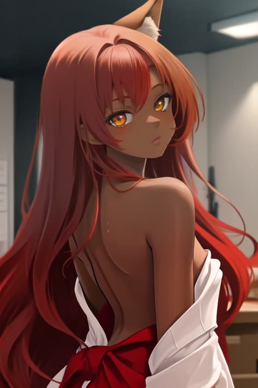  red haired, dark skinned, foxgirl, naked, on back