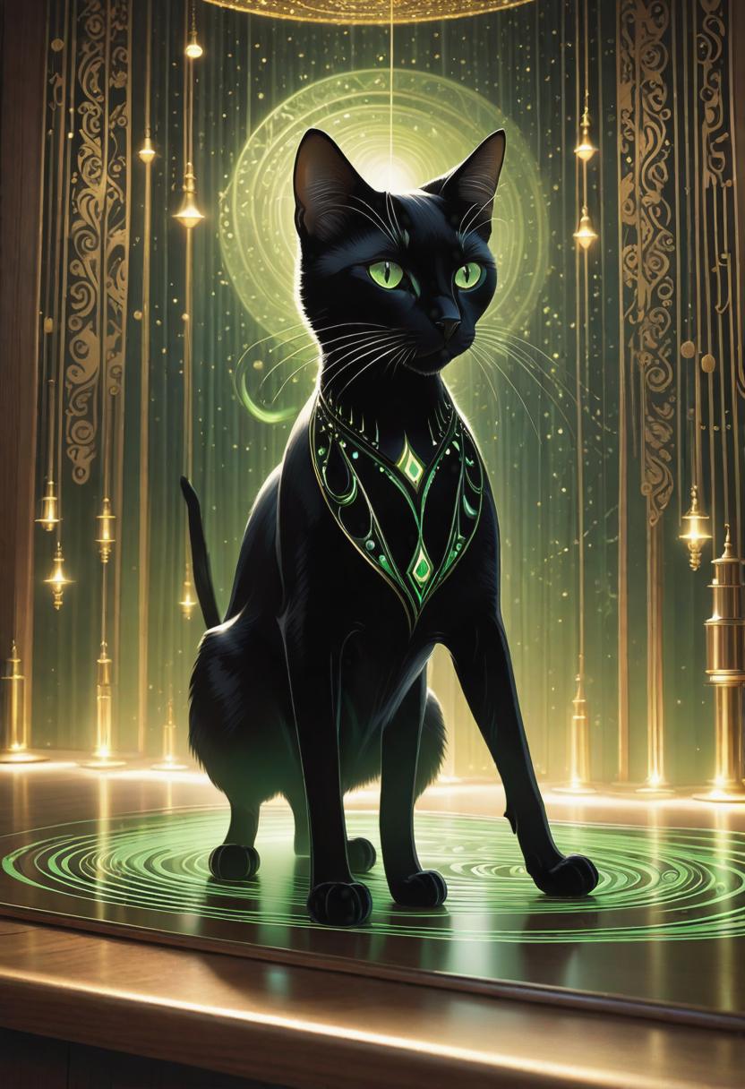  1. A sleek black cat with piercing green eyes, poised on a vintage wooden table, surrounded by swirling ferrofluid patterns that mimic its graceful movements. The room is dimly lit, with soft rays of golden light filtering through the curtains, adding a mysterious and ethereal touch to the scene.

2. In a futuristic setting, a robotic cat covered in a mesmerizing ferrofluid-inspired pattern prowls through a neon-lit cityscape. Its metallic body shines with an iridescent gleam, reflecting the colorful lights of the city, as it fearlessly explores the urban jungle.

3. A whimsical scene unfolds as a ginger tabby cat playfully bats at floating orbs of ferrofluid in a sunlit room. The fluid dances in response to the cat's touch, creating intric hyperrealistic, full body, detailed clothing, highly detailed, cinematic lighting, stunningly beautiful, intricate, sharp focus, f/1. 8, 85mm, (centered image composition), (professionally color graded), ((bright soft diffused light)), volumetric fog, trending on instagram, trending on tumblr, HDR 4K, 8K